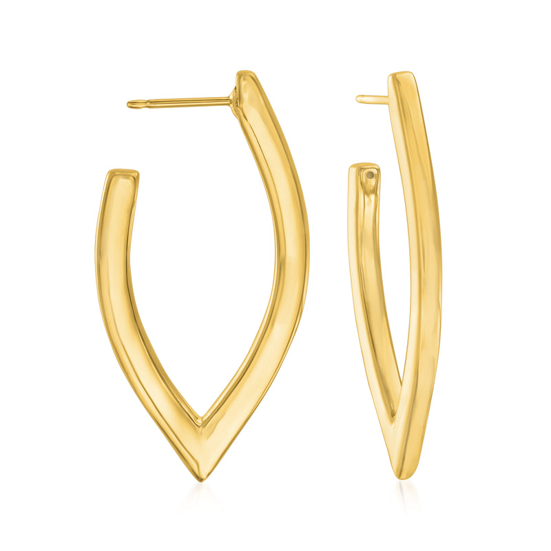 14kt yellow gold V-shaped hoop earrings, teardrop open profile