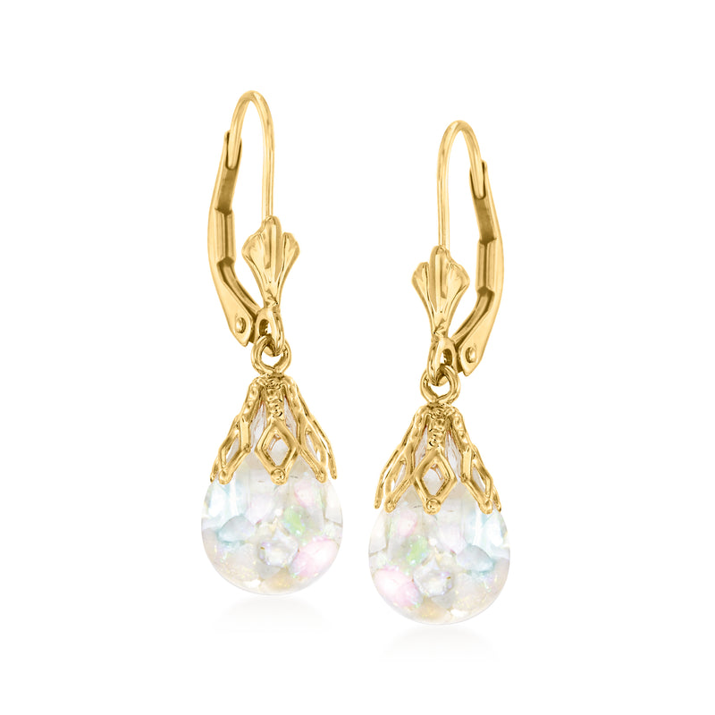 14kt yellow gold opal drop earrings, leverback with teardrop opal drops