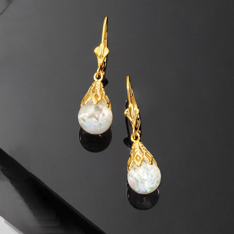 14kt yellow gold opal drop earrings, leverback with dangling teardrop opal