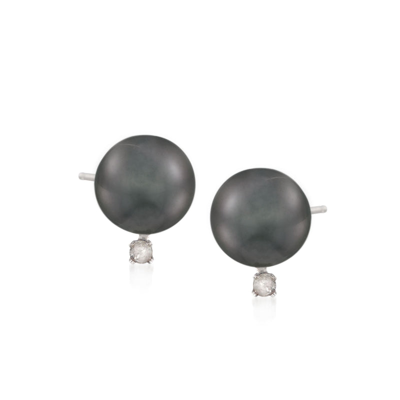 Black South Sea pearl stud earrings with diamond dangles in 18k white gold