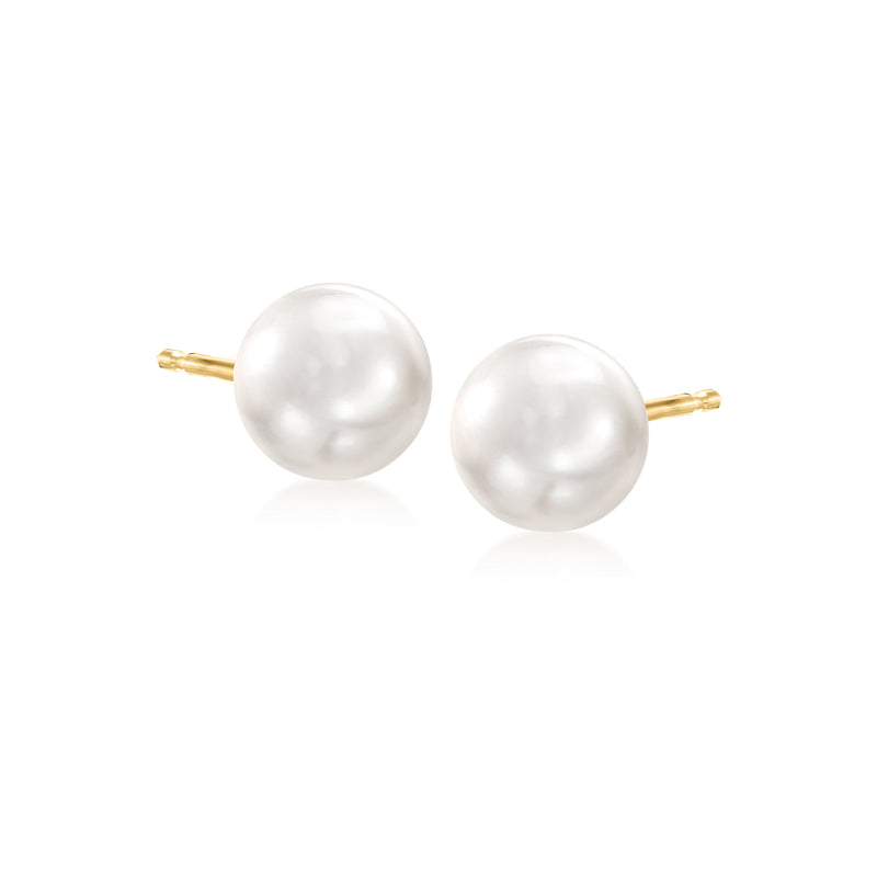14kt yellow gold stud earrings with 7.5-8mm cultured Akoya pearls, round white