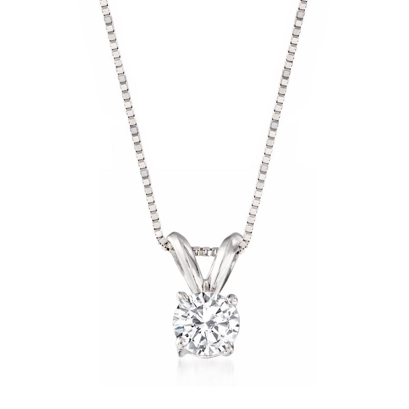 Diamond solitaire necklace with round diamond pendant on 14kt white gold chain