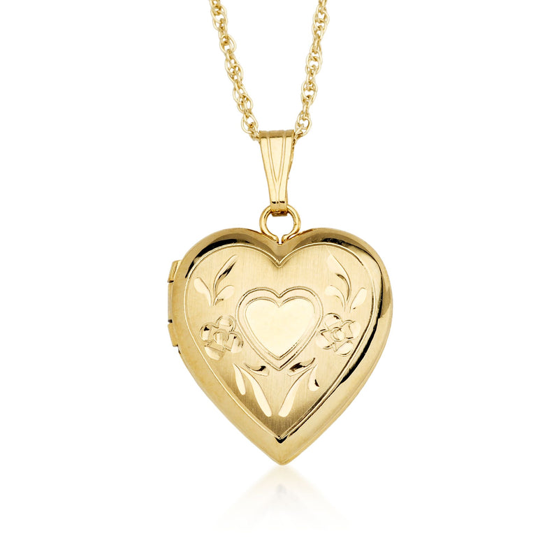 14kt yellow gold heart locket necklace with engraved front and hinged bail