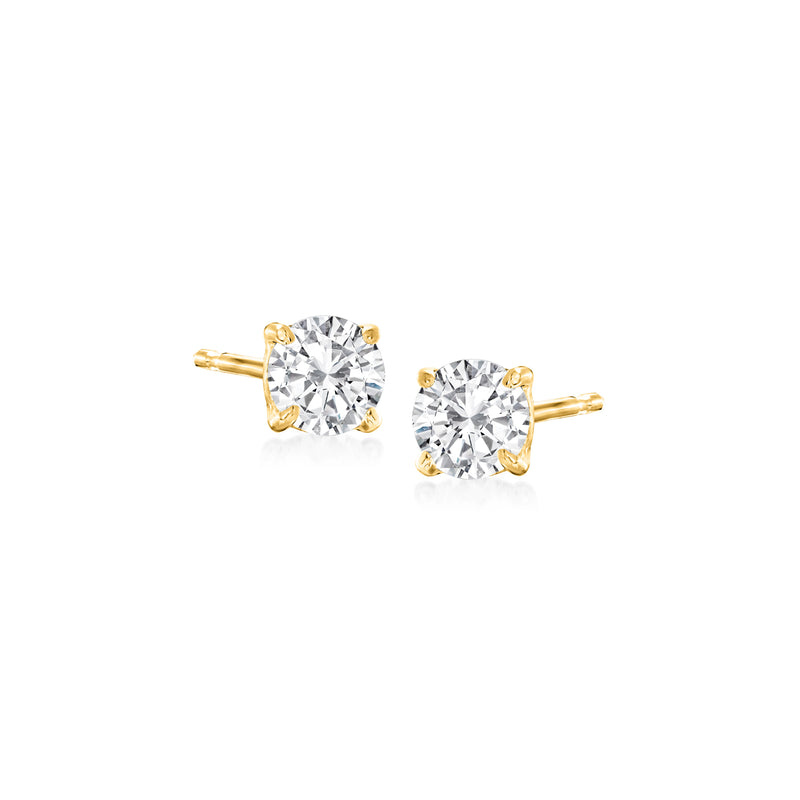 14kt yellow gold diamond stud earrings with round solitaire stones and push-back backs