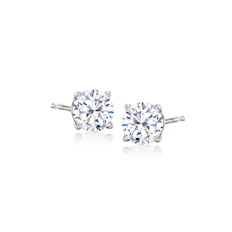 Round CZ stud earrings in 14kt white gold, white gemstone with metal posts
