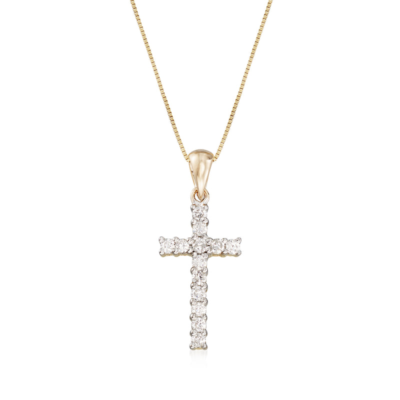 14kt yellow gold diamond cross pendant necklace, cable chain with sparkling stone accents