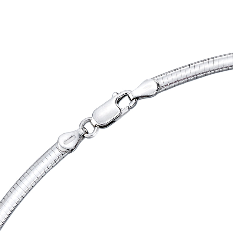 Sterling silver omega-style necklace clasp and linked chain detail.