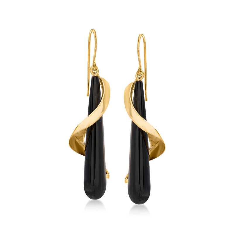 14kt yellow gold drop earrings with black onyx teardrop and twisted spiral detail