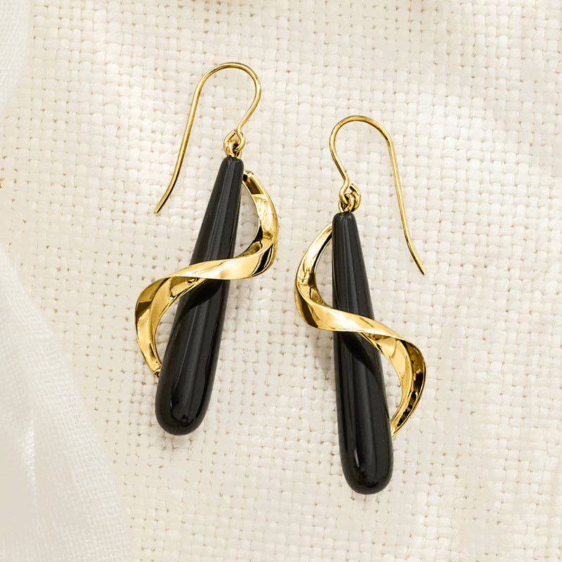 Yellow gold drop earrings with black onyx teardrops and twisted spiral front