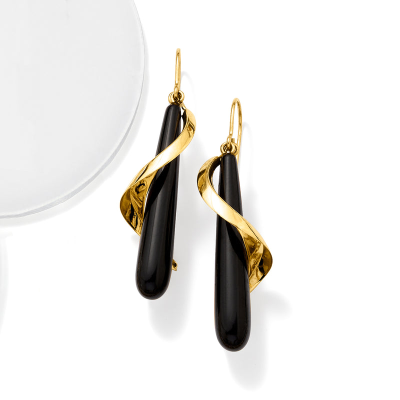 Yellow gold drop earrings with glossy black onyx teardrop and spiral gold accent