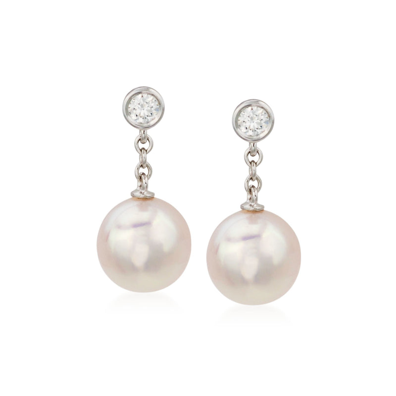 Mikimoto Akoya pearl drop earrings with diamond halo studs, 18kt white gold setting