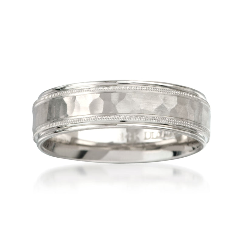 Men's hammered 14kt white gold wedding ring, polished edges, wide band