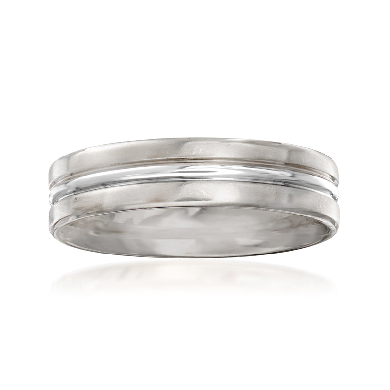 6mm platinum wedding ring, smooth polished band with subtle raised grooves
