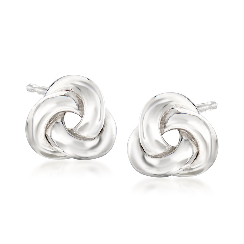 Knot stud earrings in white gold with twisted circular loop design and post backs