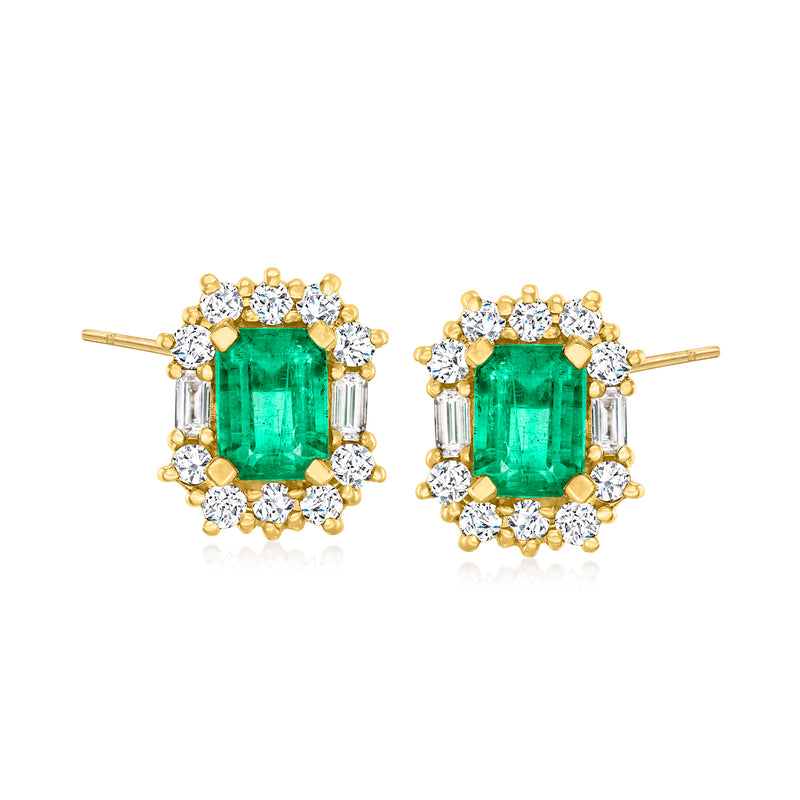 Emerald green square stud earrings with diamond halo and yellow gold post backs