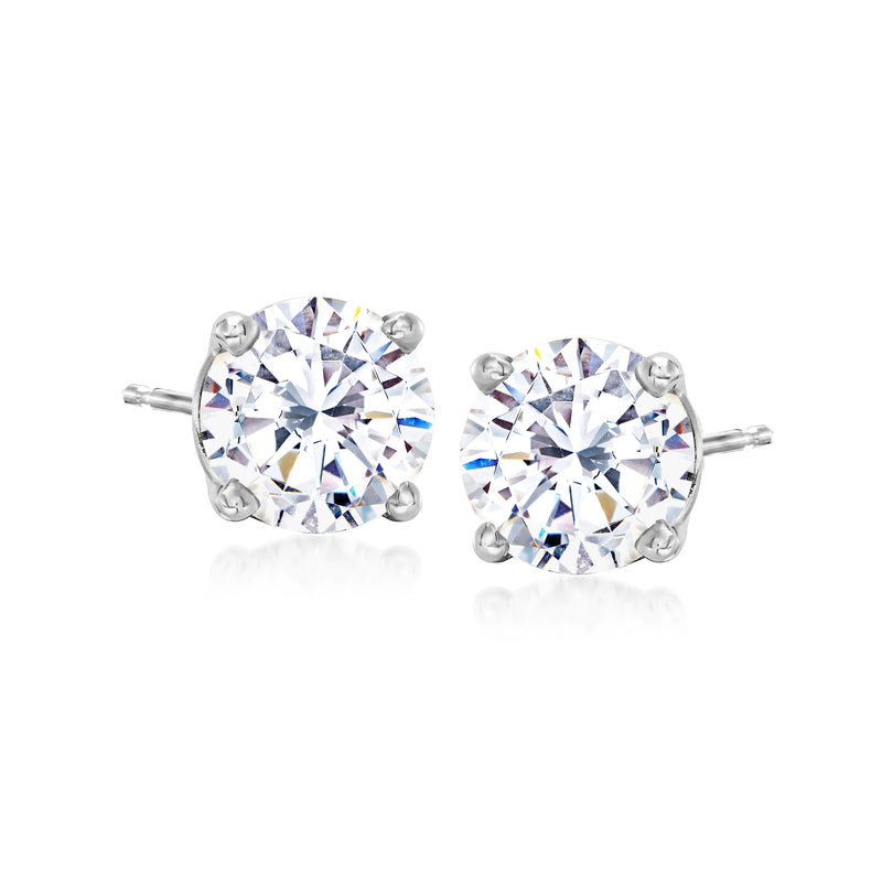 Round CZ stud earrings in 14kt white gold, four-prong setting, 3 ct t.w.