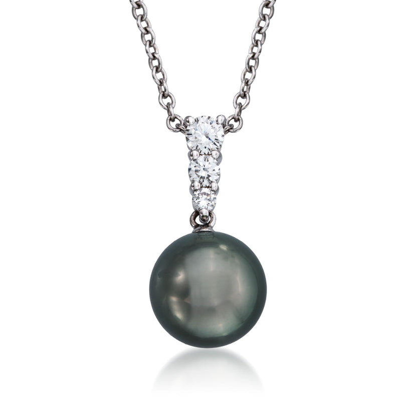 Mikimoto pearl pendant necklace with dark 10mm South Sea pearl, diamond cluster, 18kt white gold