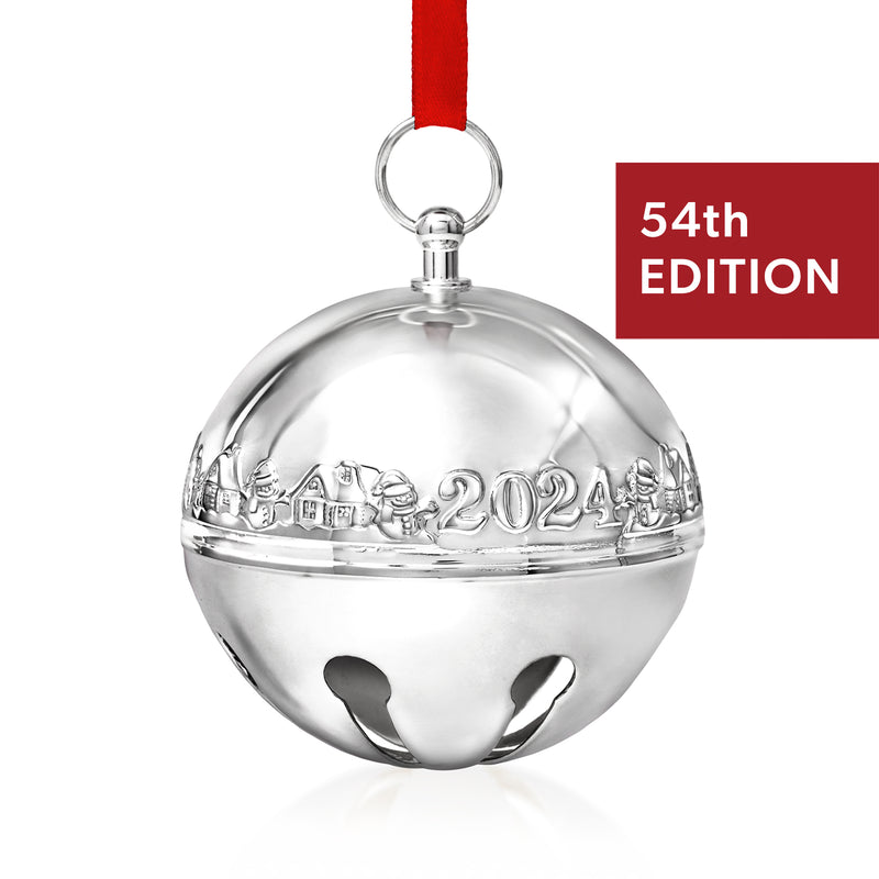 Wallace silver plate sleigh bell ornament with 2024 engraving, 54th edition, red ribbon.