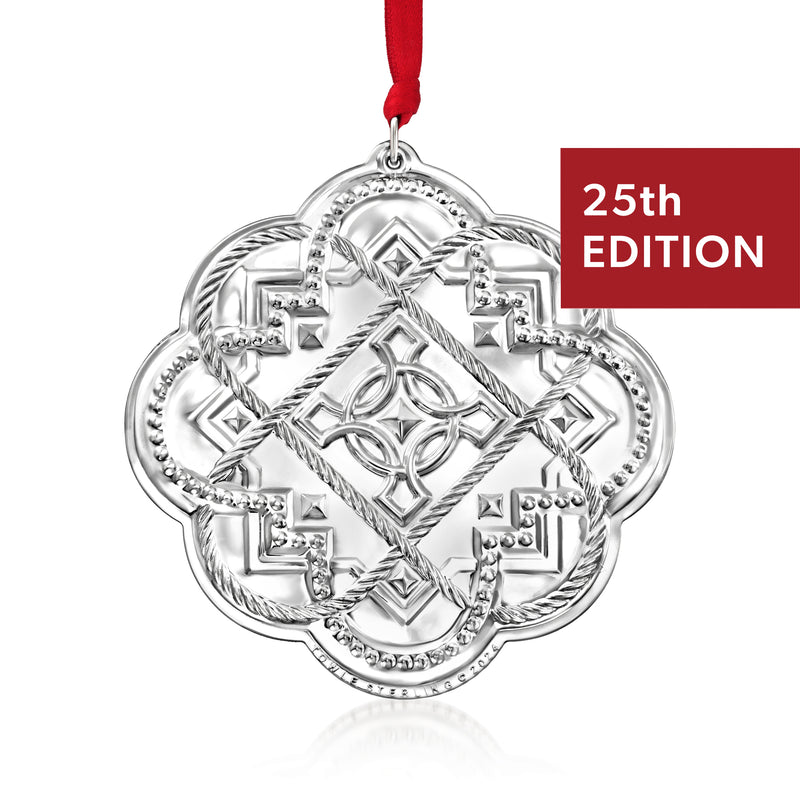 Towle sterling silver Celtic knot ornament, round with red ribbon