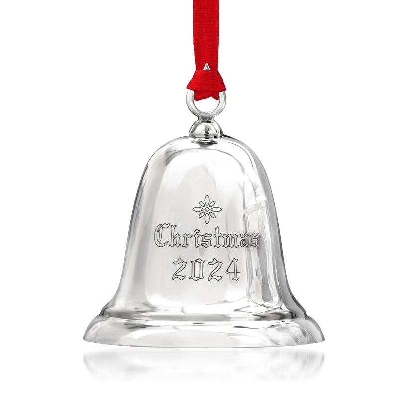 Sterling silver Christmas bell ornament with etched 2024 and snowflake, red hanging ribbon