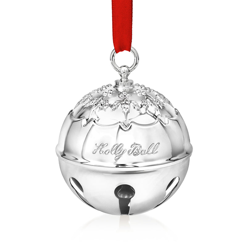 Silver bell ornament with holly engraving, red hanging ribbon, domed silver-tone finish