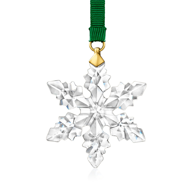Swarovski crystal snowflake ornament with green ribbon and gold loop