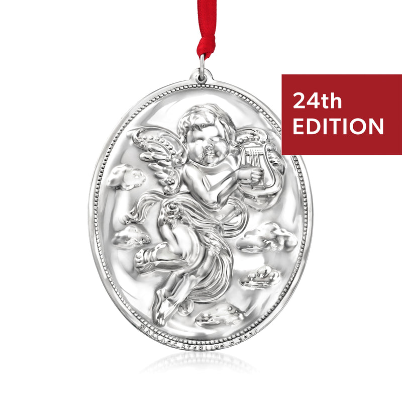 Sterling silver angel ornament, oval medallion with red ribbon, 24th edition