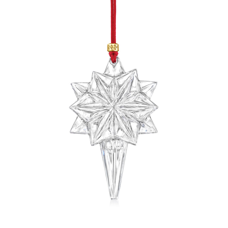 Waterford Crystal 2024 snowflake crystal ornament with red ribbon and faceted star design