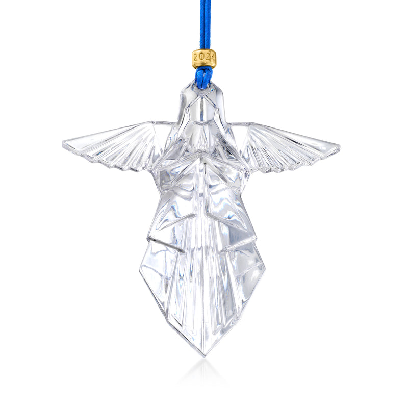 Crystal angel ornament with faceted body, blue ribbon loop, and gold 2024 tag