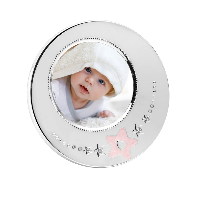 Wallace round picture frame in silver with pink star charm and bead-edged photo opening