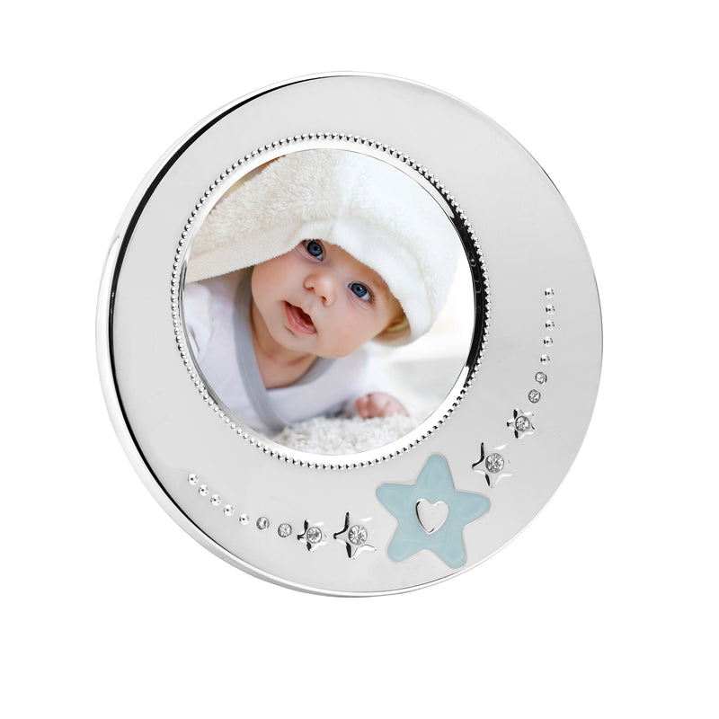 Wallace round picture frame with bead-edged opening, heart and light-blue star charms