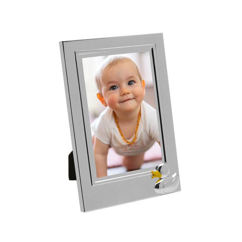 Silver plate baby duck picture frame with raised duck charm at bottom corner