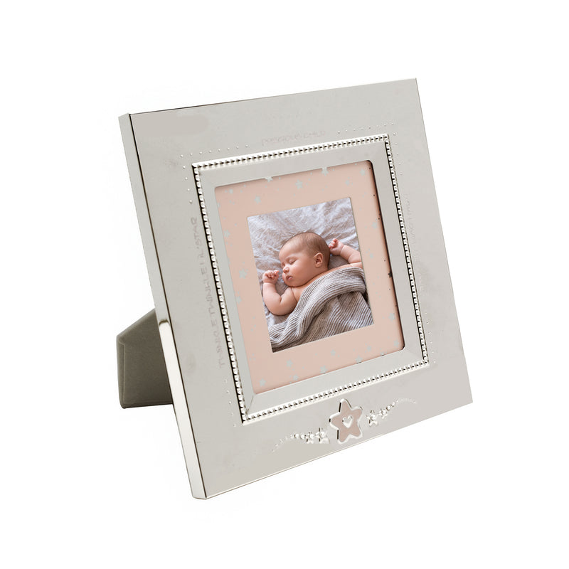 Square picture frame with silver finish, pink star motif and hanging bead detail