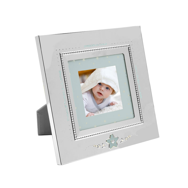 Square picture frame with silver tone border, blue star accent, and tabletop easel stand