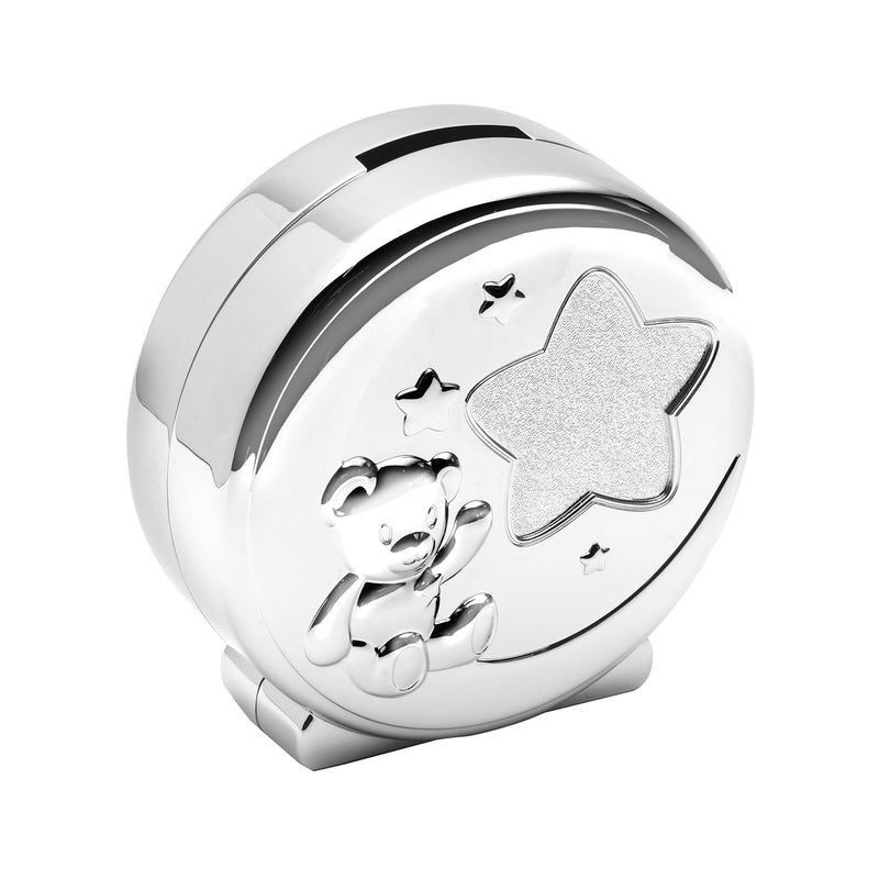Shiny silver coin bank with teddy bear and star motif on front