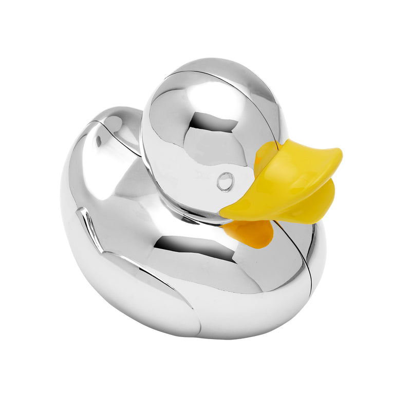 Silver duck-shaped coin bank with yellow beak and rounded body