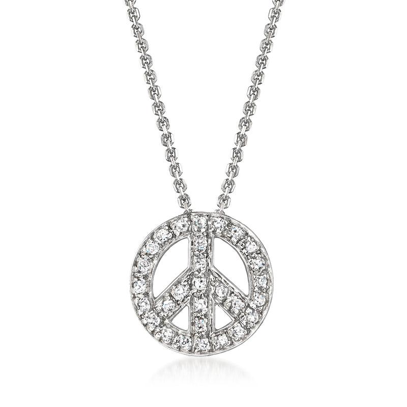 14kt white gold peace-sign pendant necklace with diamond accents on a link chain
