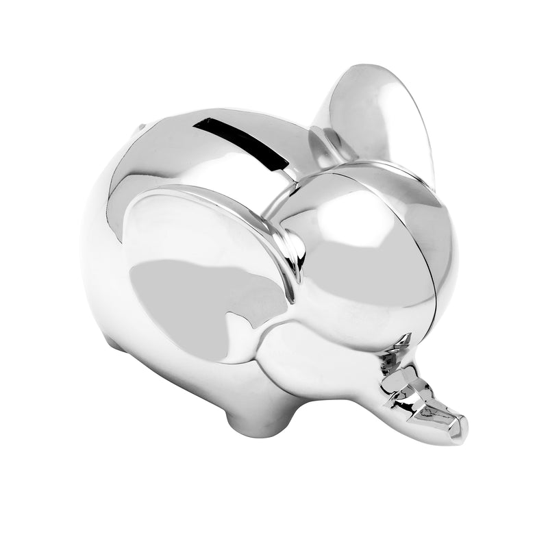 Wallace baby elephant bank, polished chrome coin bank with lid on back