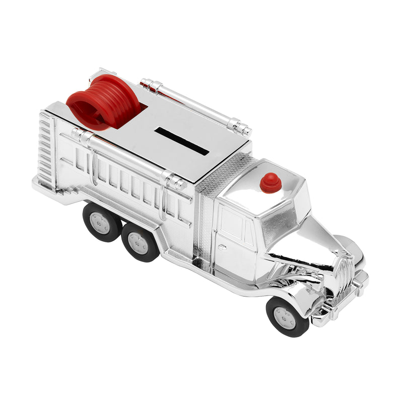 Chrome fire engine bank with red siren and wheels, front ladder and open door