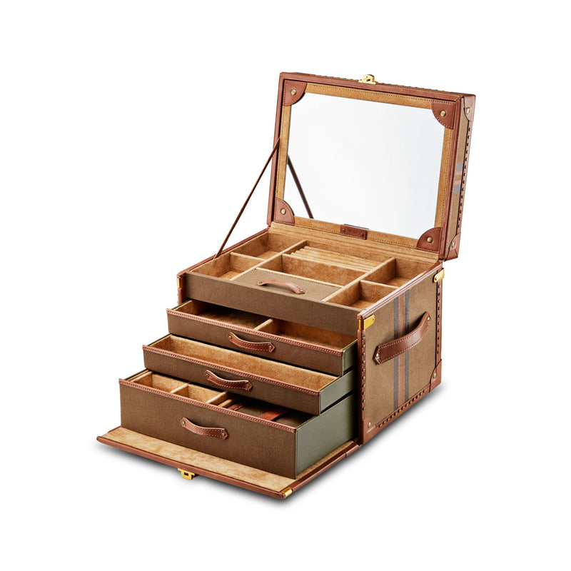 Brown trunk-style jewelry box with open lid and multiple drawer compartments