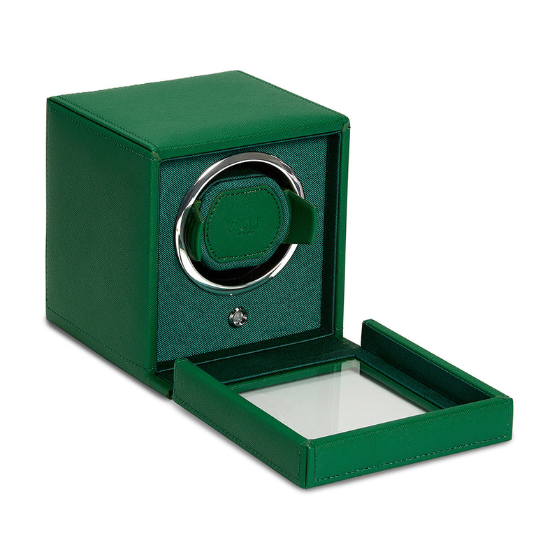 Green vegan leather single watch winder with circular winder window and open tray