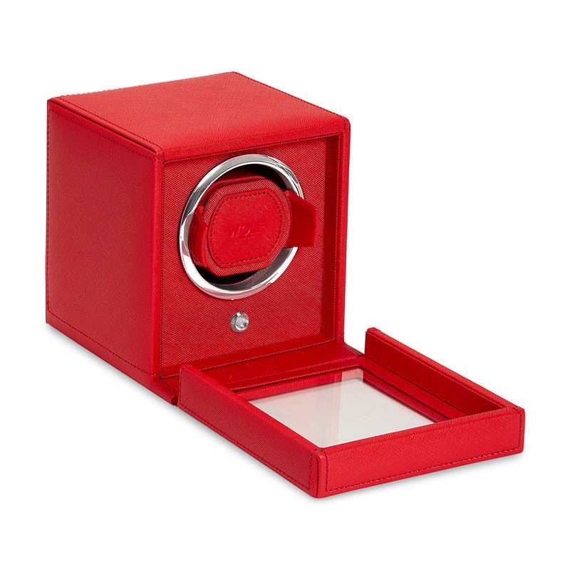 Single watch winder in red vegan leather with open tray and round watch cradle