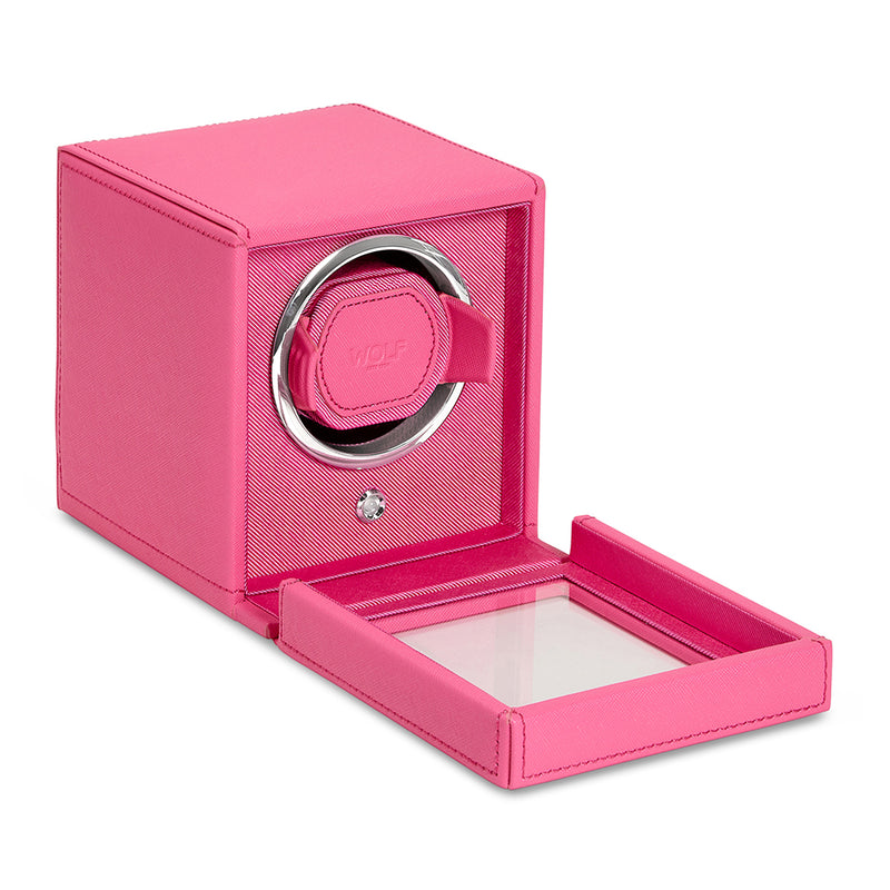 Pink vegan leather single watch winder with glass-top tray and circular winder window