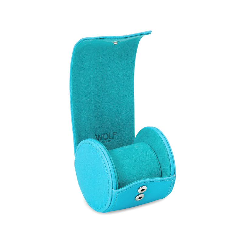 Turquoise vegan leather single watch storage roll with cushioned holder and WOLF logo