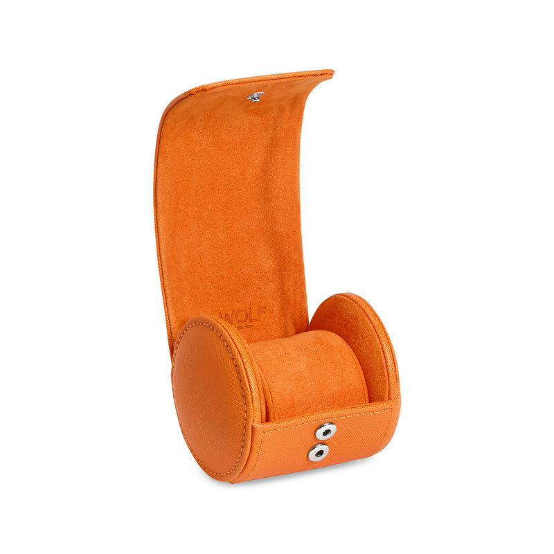 Orange vegan leather single watch storage roll with cushioned compartment and snap closure.