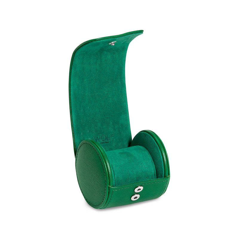 Green vegan leather single watch storage roll with wrap strap and snap closure