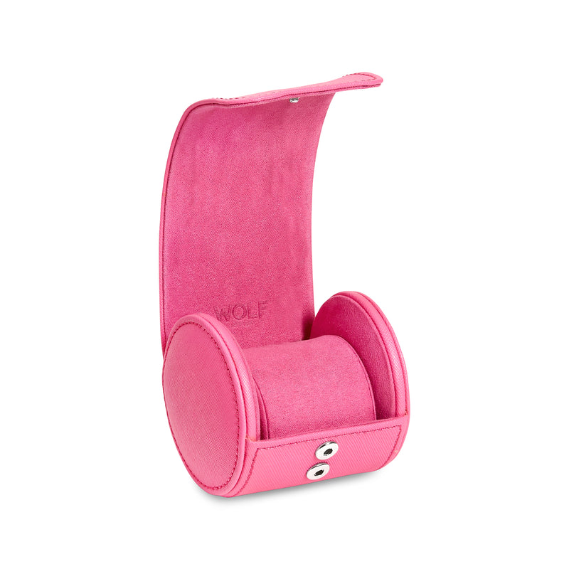 WOLF pink vegan leather single watch storage roll with two strap eyelets