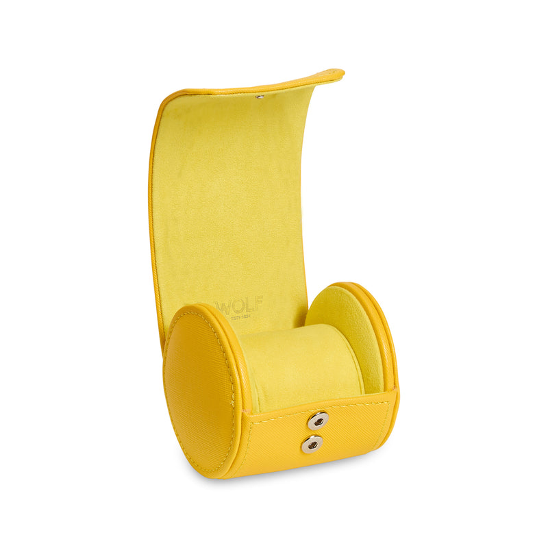 WOLF yellow vegan leather single watch storage roll, open with padded watch slot