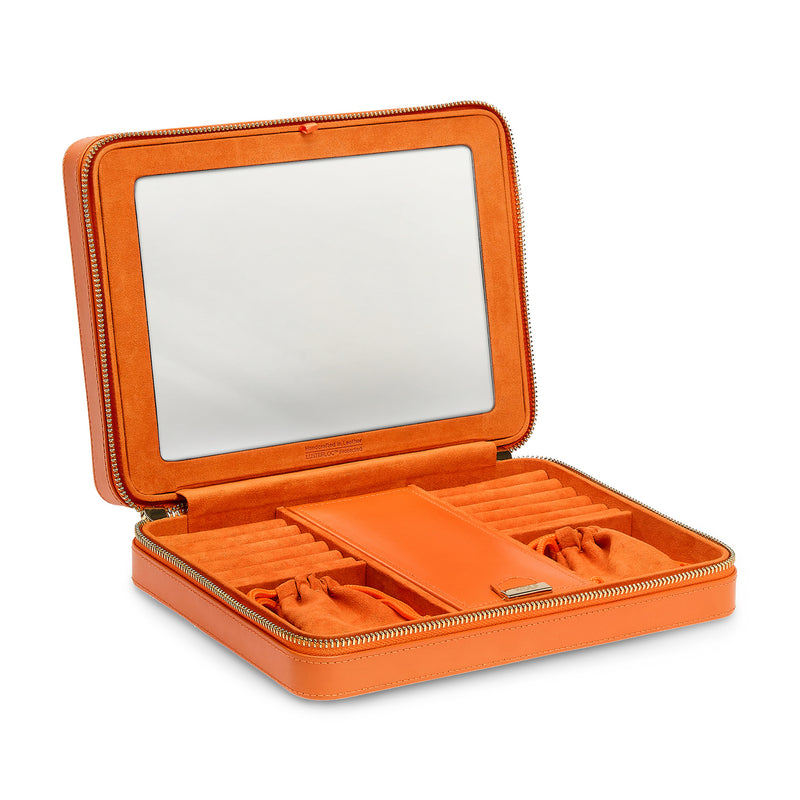 Orange leather jewelry zip case with open compartments and clear top window