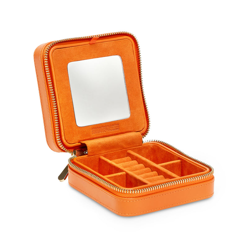 Orange leather small jewelry zip case with hinged organizer and compartment inserts